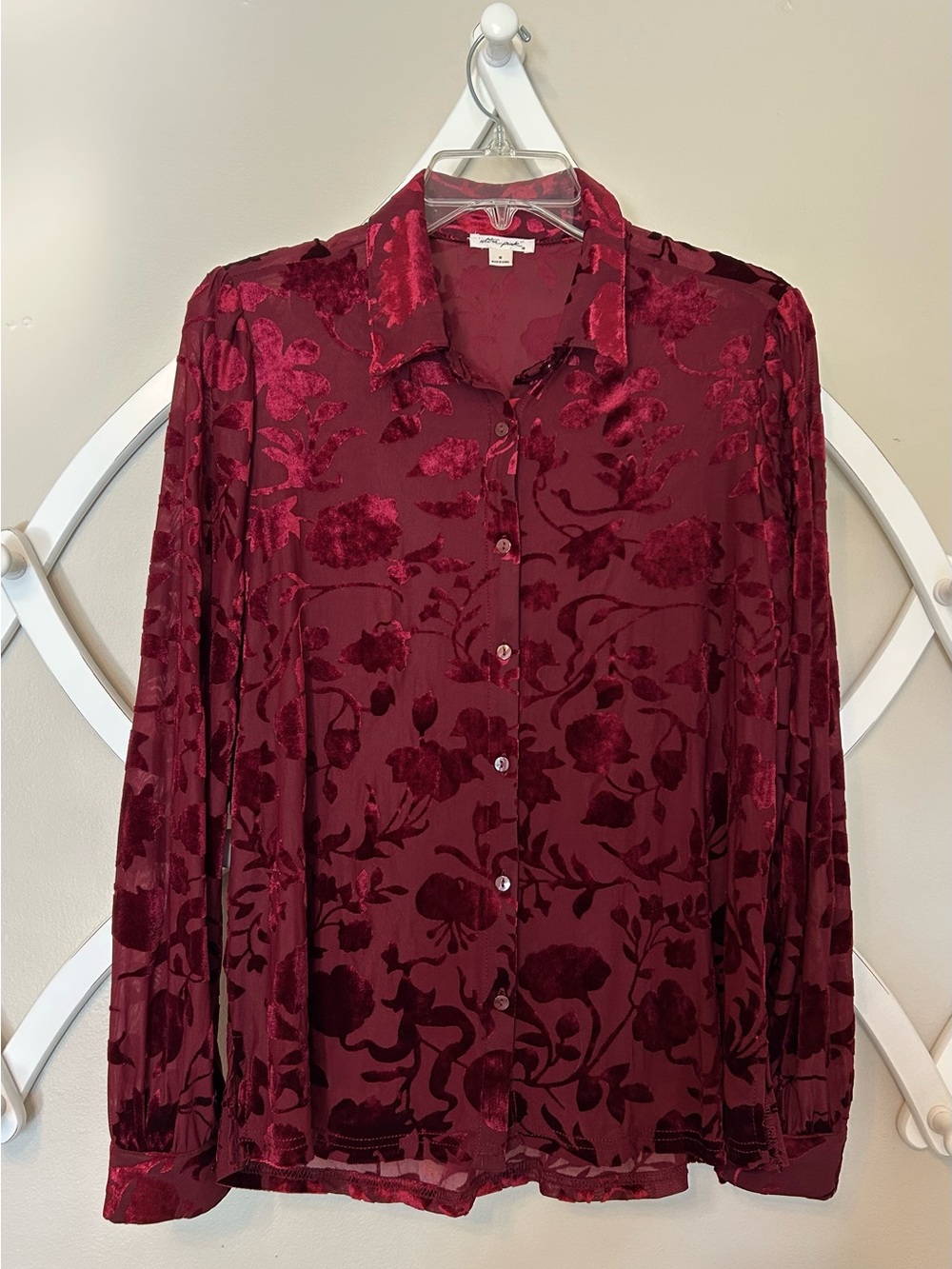 Ultra Pink Burgundy Velvet Burnout Floral Button-Down Shirt
